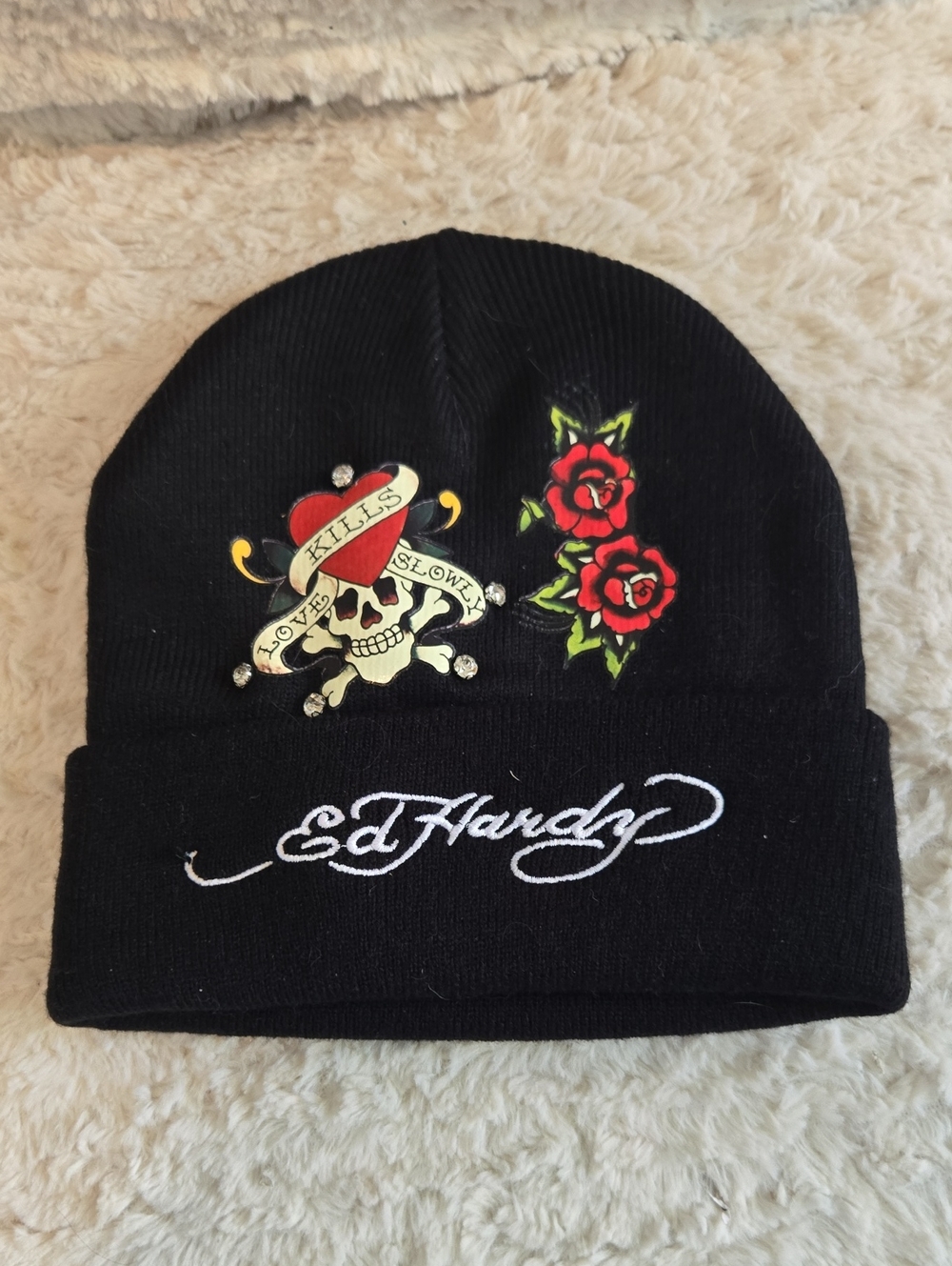 Ed Hardy Black Beanie with Red Rose & Skull Patch